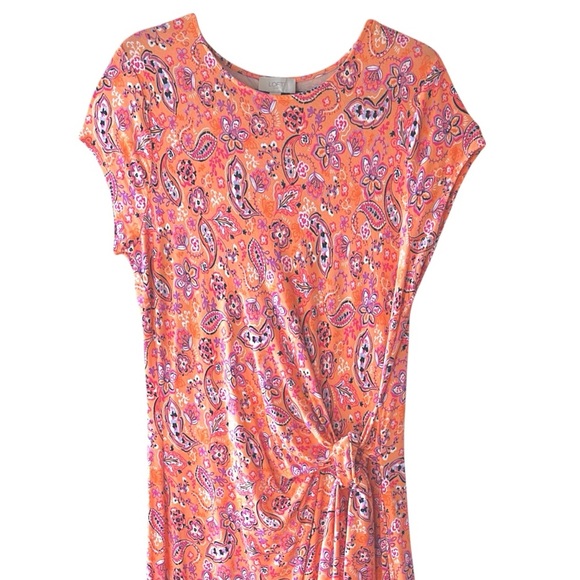 LOFT | NWOT | ORANGE PAISLEY MIDI SIDE TIE DRESS SHORT SLEEVE | EXTRA LARGE - Picture 2 of 8